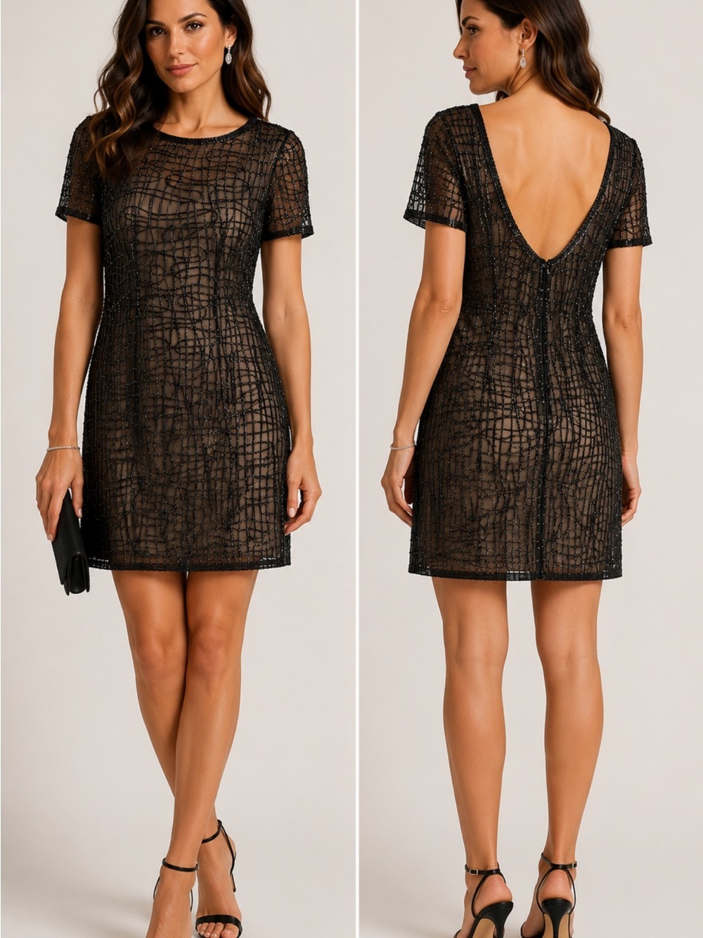Vintage A.J. Bari Black Beaded Sheer Cocktail Dress Open Back Size 6